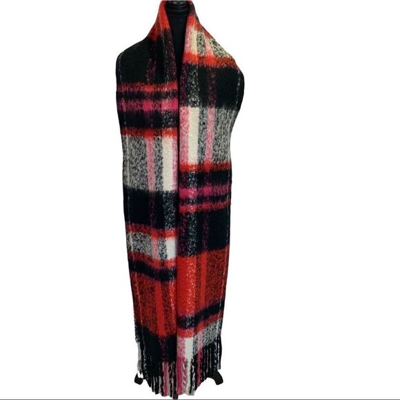 Indigo Black ivory red and pink plaid check blanket scarf - Picture 2 of 9